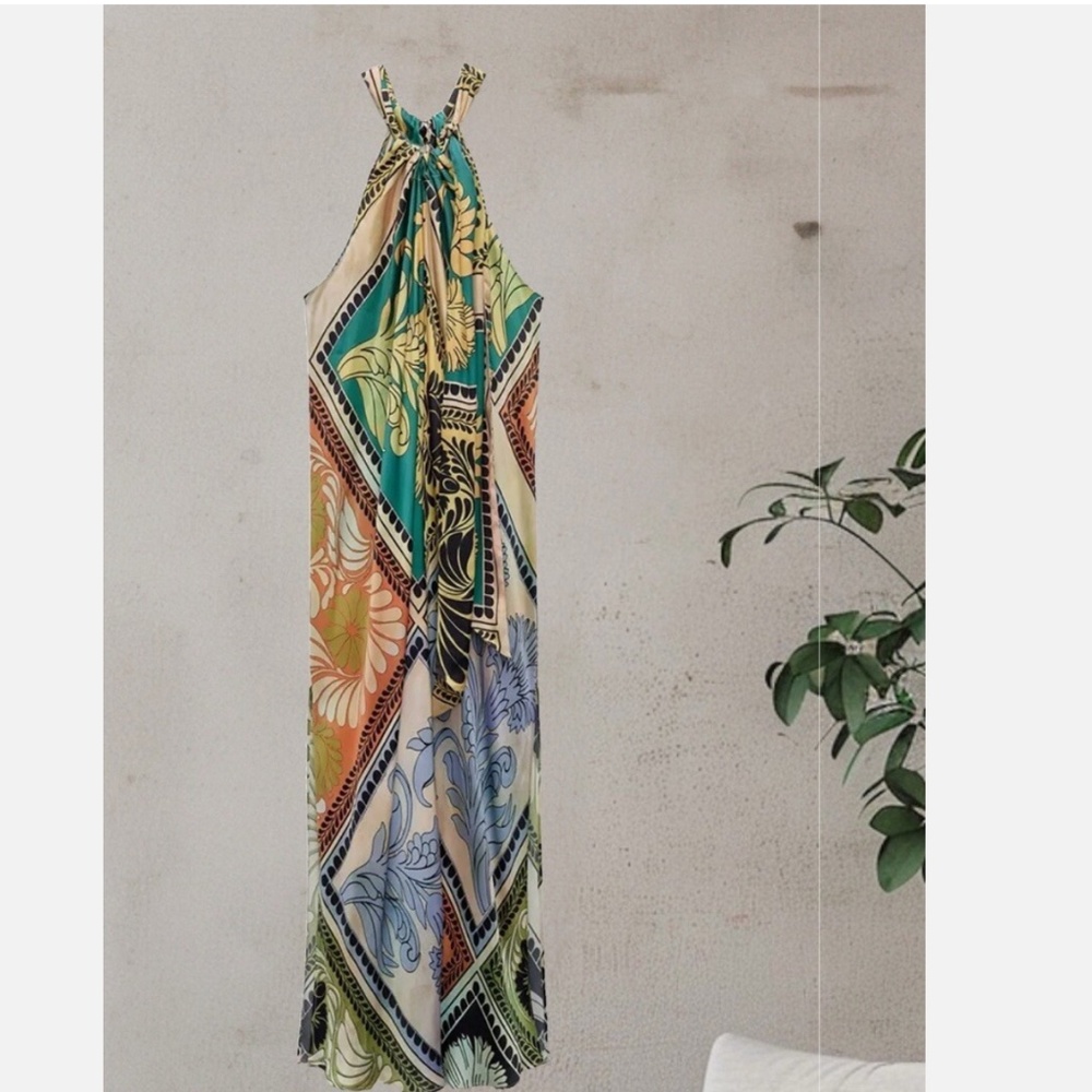 NEW ZARA ADJUSTABLE TIED HALTER NECK PRINTED DRESS ZW COLLECTION